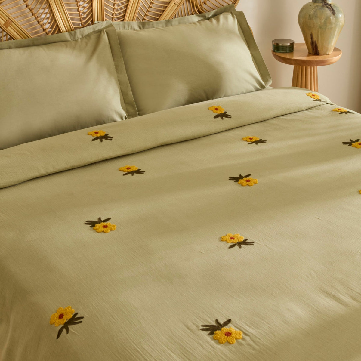 Karaca Home Sunflower 100% Cotton Muslin Double Bed Quilt Set, Sage - MALLTURK
