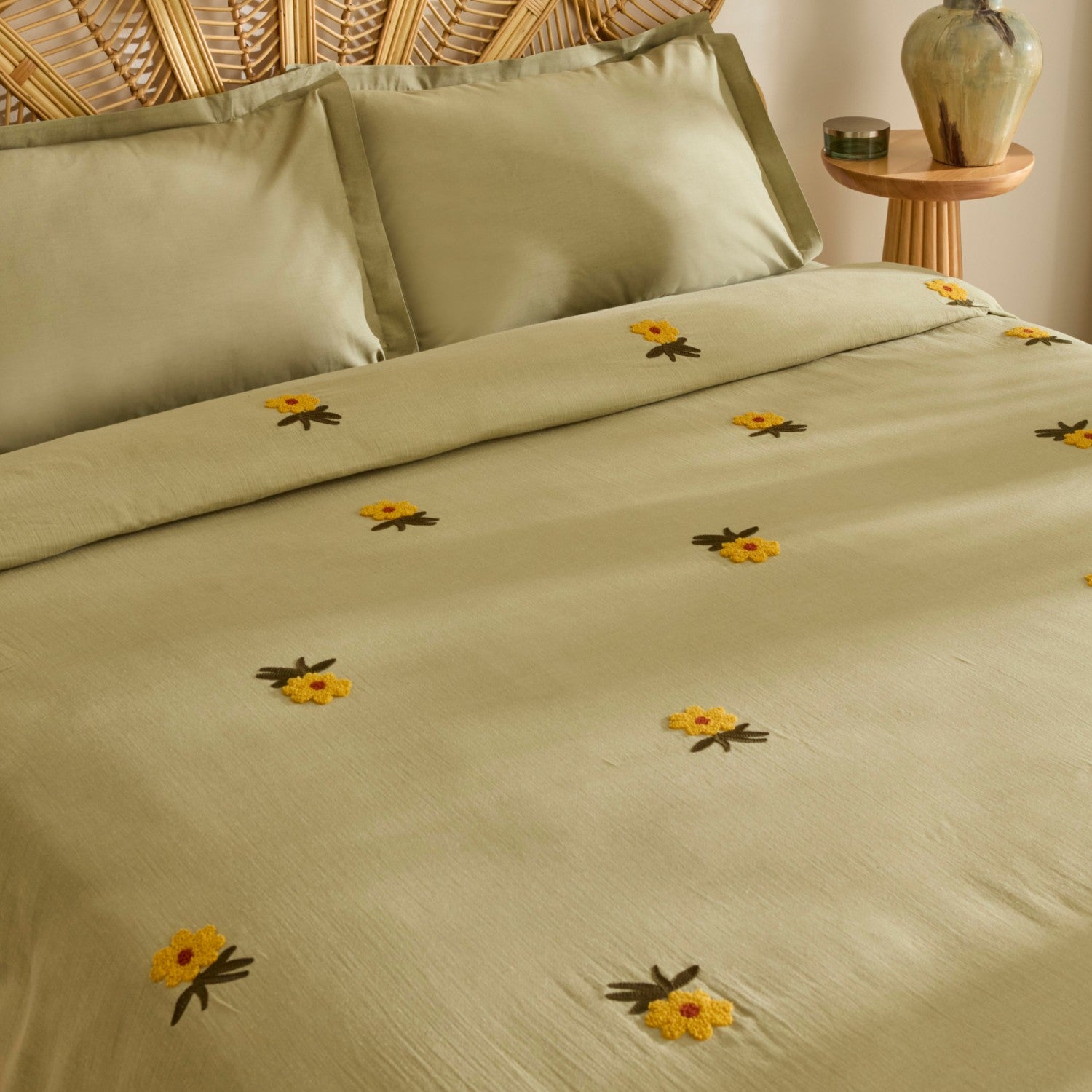 Karaca Home Sunflower 100% Cotton Muslin Double Bed Quilt Set, Sage - MALLTURK