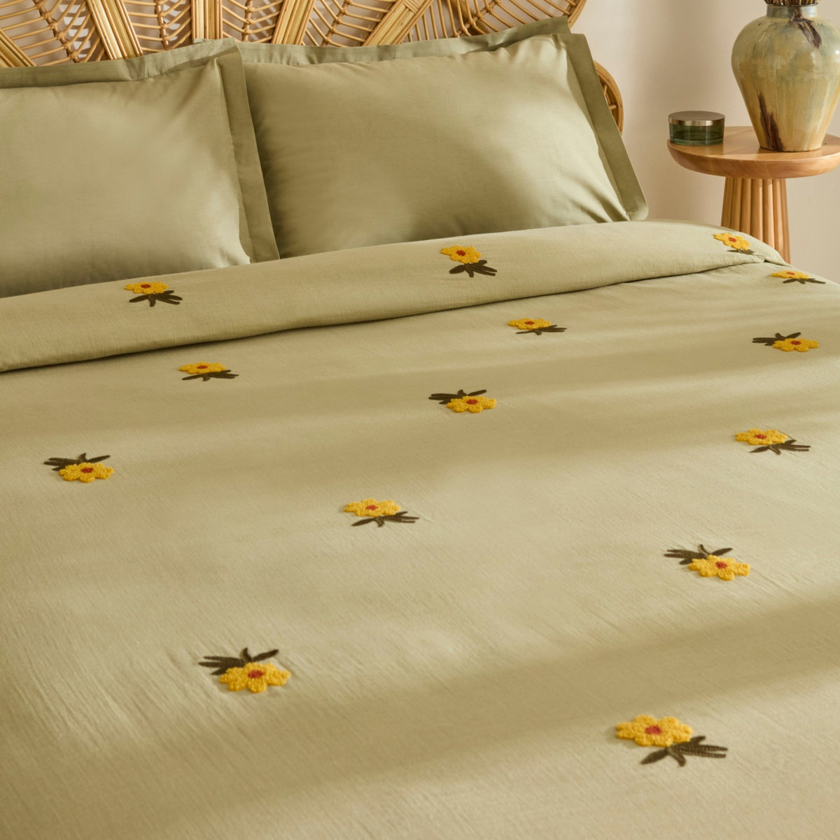 Karaca Home Sunflower 100% Cotton Muslin Double Bed Quilt Set, Sage - MALLTURK