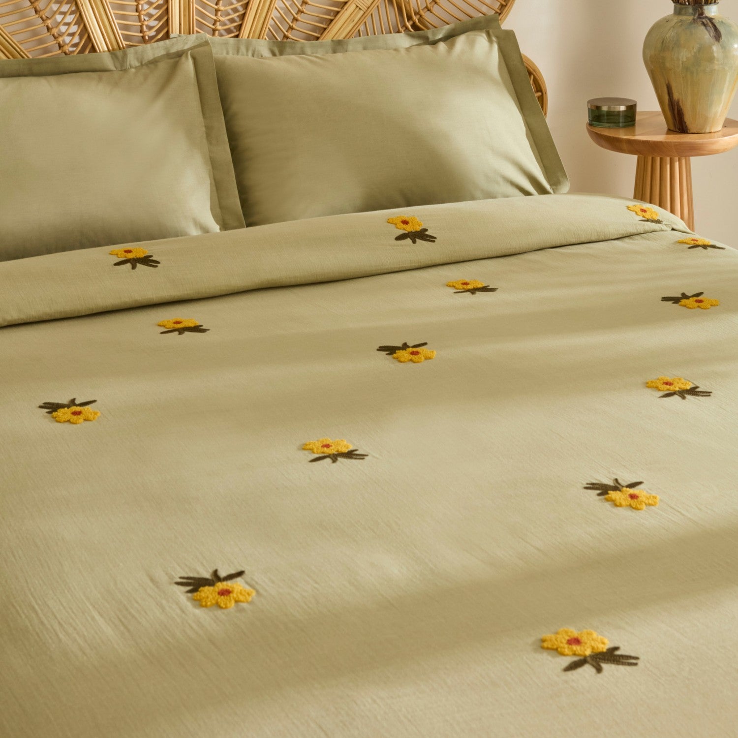 Karaca Home Sunflower 100% Cotton Muslin Double Bed Quilt Set, Sage - MALLTURK