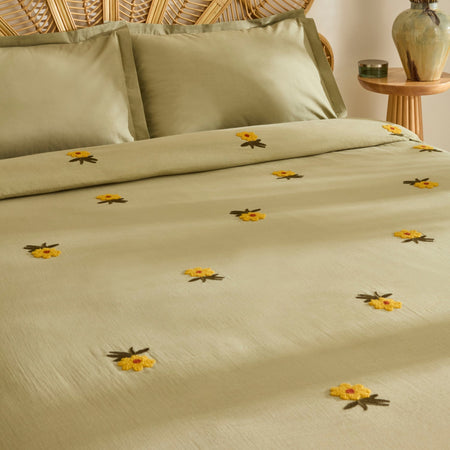 Karaca Home Sunflower 100% Cotton Muslin Double Bed Quilt Set, Sage - MALLTURK