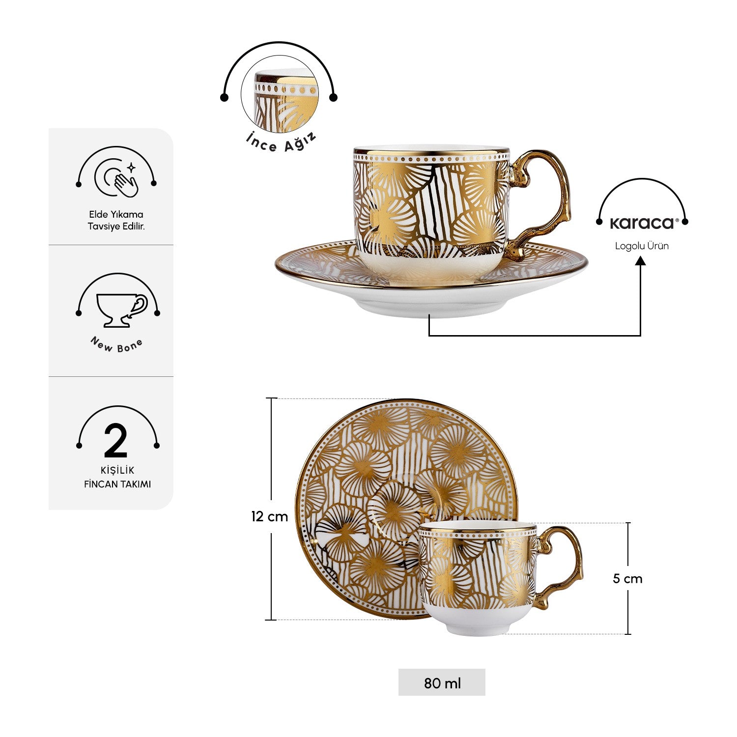 Karaca Anemon 5-Piece Bone Turkish Coffee Cup Set with Stand for 2, 80 ml - MALLTURK