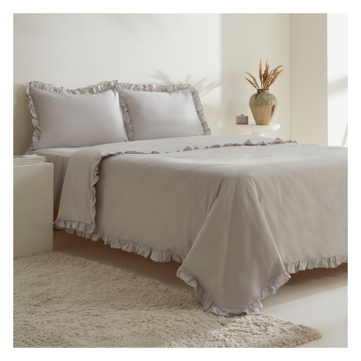 Karaca Home Pure Ruffle %100 Cotton Double Ruffled Duvet Cover Set Light Gray - MALLTURK
