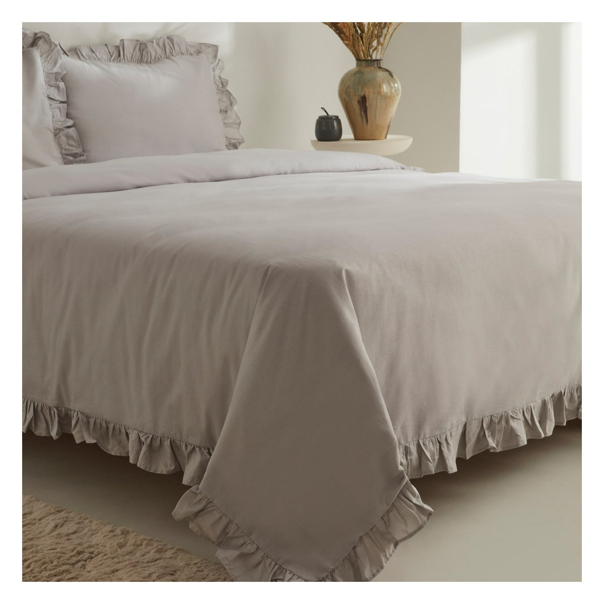 Karaca Home Pure Ruffle %100 Cotton Double Ruffled Duvet Cover Set Light Gray - MALLTURK
