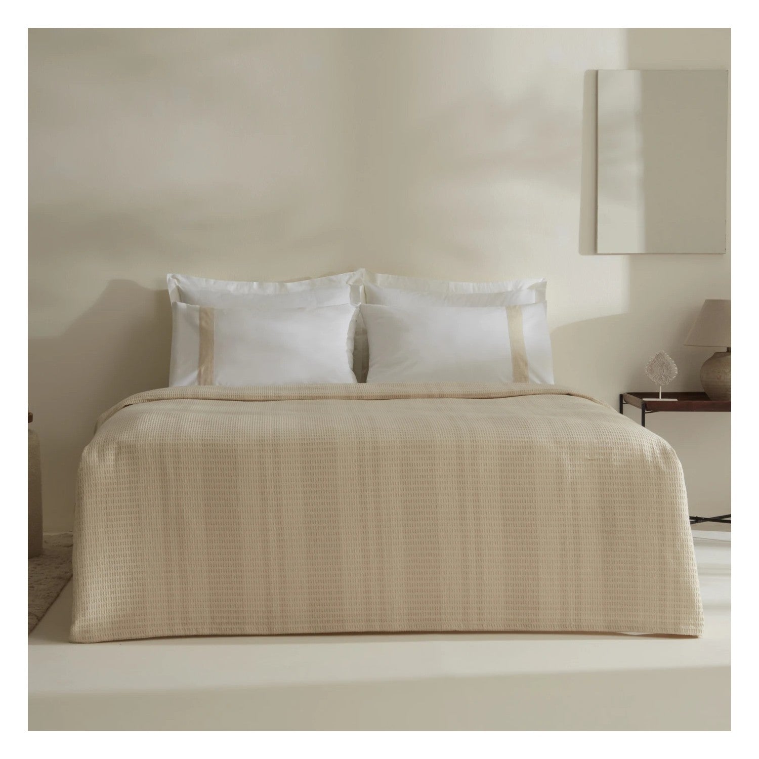 Karaca Home Delisa 100% Cotton Linen Double Bed Quilted Bedding Set, Cream - MALLTURK