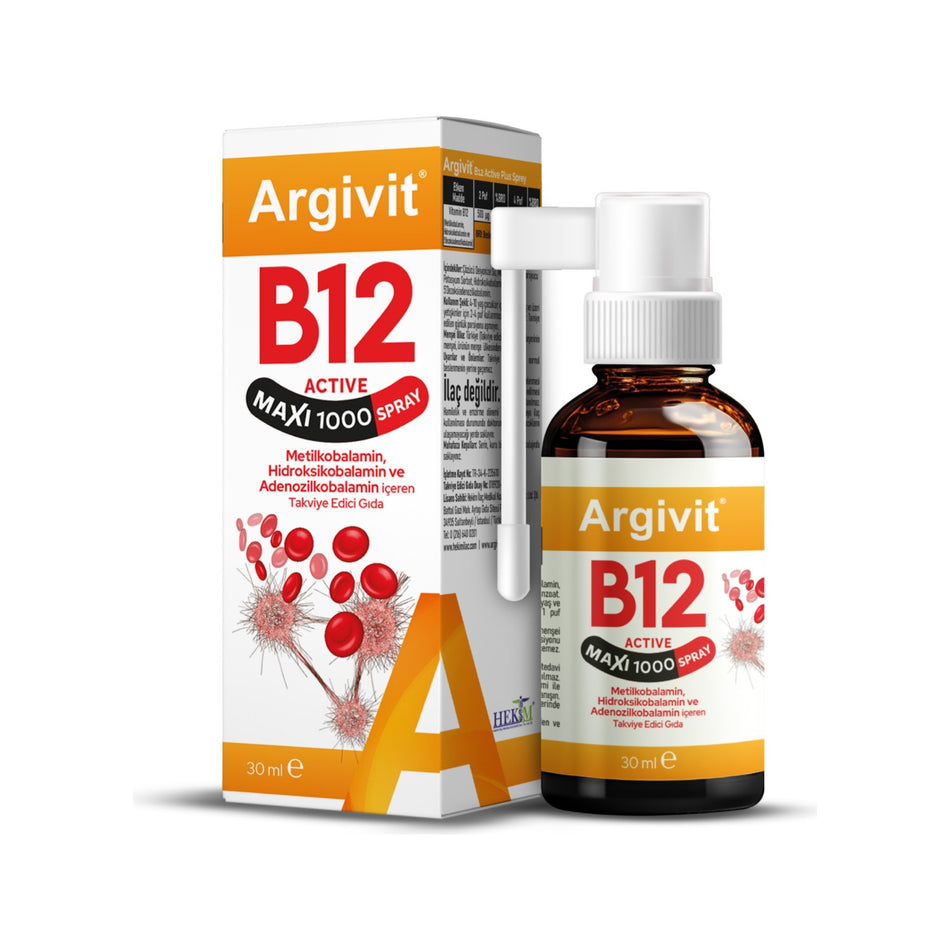 Argivit B12 Active Maxi 1000 Spray 30 ml High Strength B12 Vitamin with Unflavored Supplement - MALLTURK