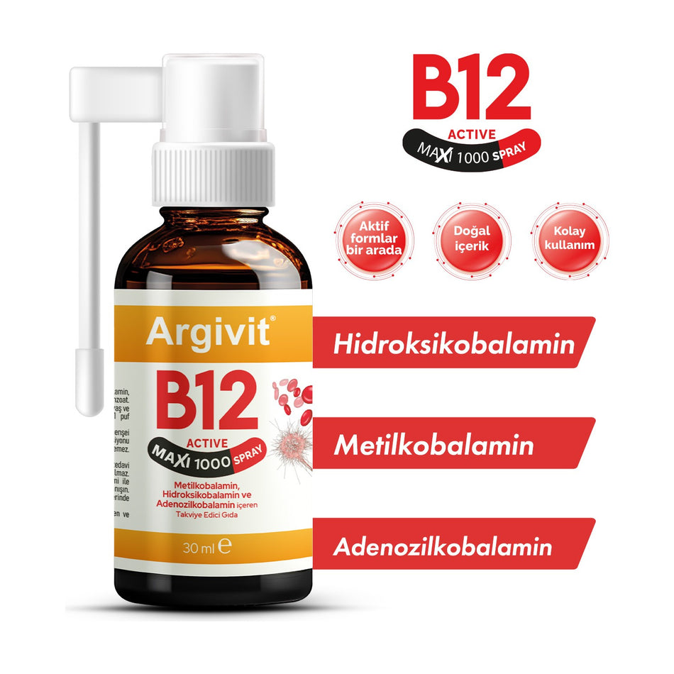 Argivit B12 Active Maxi 1000 Spray 30 ml High Strength B12 Vitamin with Unflavored Supplement - MALLTURK
