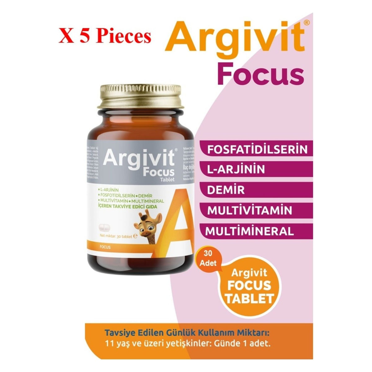 Argivit Focus Phosphatidilcerin, L-Arginine, Multivitamin And Multi-Mineral 30 Tablet 5 Pieces - MALLTURK