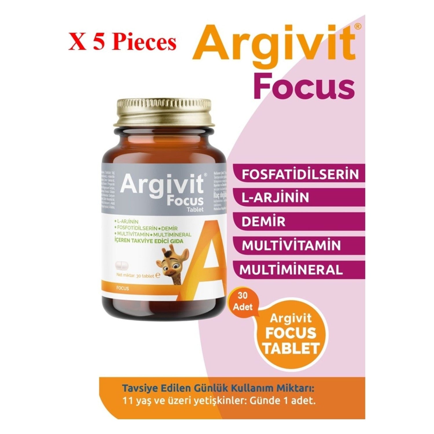 Argivit Focus Phosphatidilcerin, L-Arginine, Multivitamin And Multi-Mineral 30 Tablet 5 Pieces - MALLTURK