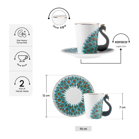 Karaca Peacock 4-Piece Patterned Porcelain Turkish Coffee Cup Set for 2, 90 ml - MALLTURK