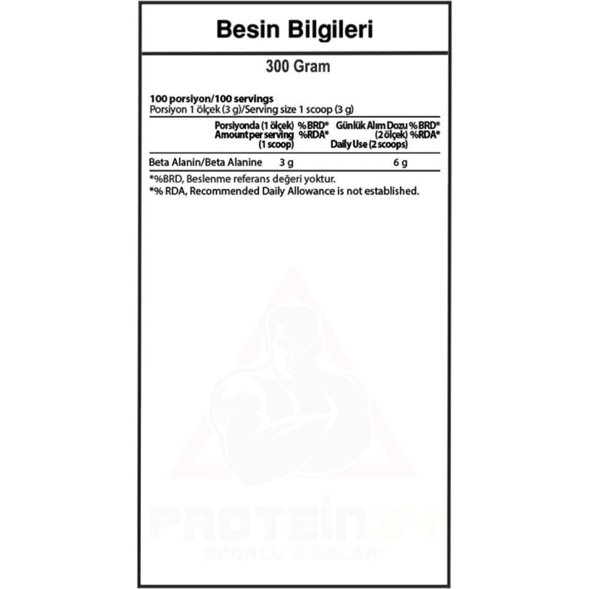 Hardline Nutrition Beta Alanine Powder Supplement 300g 100% Pure Unflavored Made in Türkiye For Adult Athletes - MALLTURK