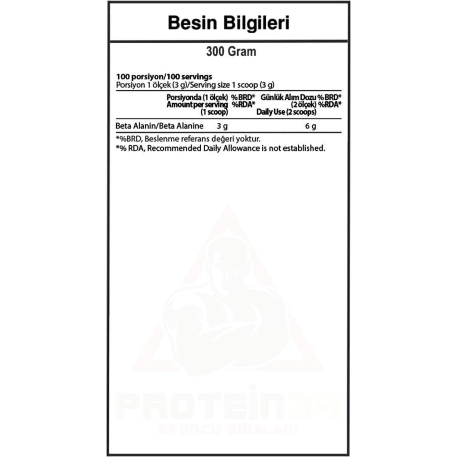 Hardline Nutrition Beta Alanine Powder Supplement 300g 100% Pure Unflavored Made in Türkiye For Adult Athletes - MALLTURK