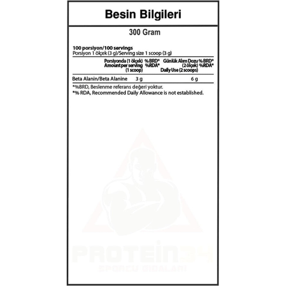 Hardline Nutrition Beta Alanine Powder Supplement 300g 100% Pure Unflavored Made in Türkiye For Adult Athletes - MALLTURK