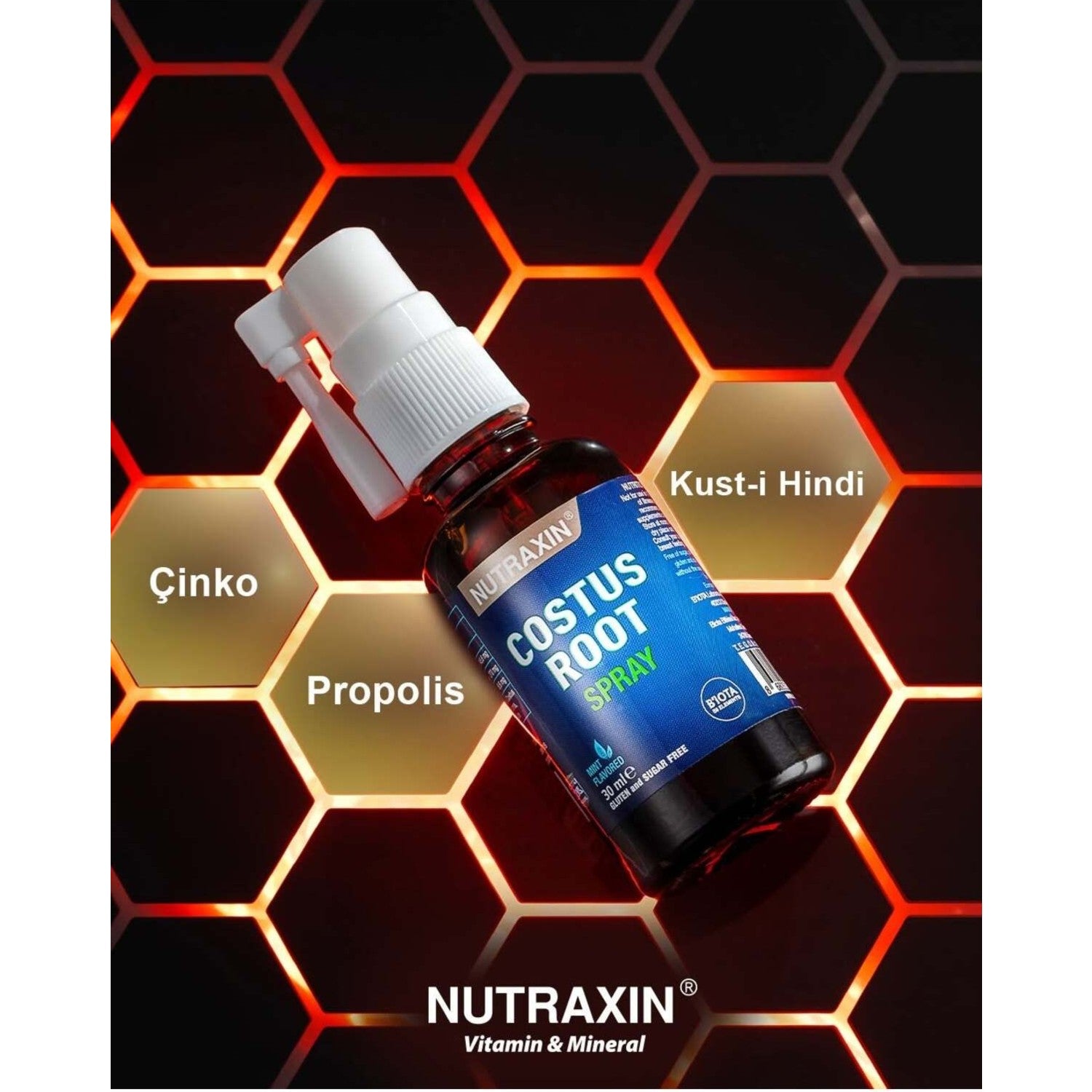 Nutraxin Kostus Koku and Propolis Spray 30 ml Turkey Origin Zinc Destekli Vitamin and Mineral Supplement - MALLTURK