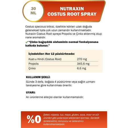 Nutraxin Kostus Koku and Propolis Spray 30 ml Turkey Origin Zinc Destekli Vitamin and Mineral Supplement - MALLTURK