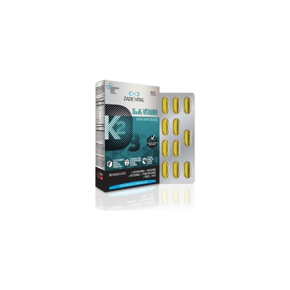 Zade Vital D3+K2 (MK7) Vitamin - Dogal Icerikli, Immune Support Destekleyici Softgel, 30 Pieces - MALLTURK