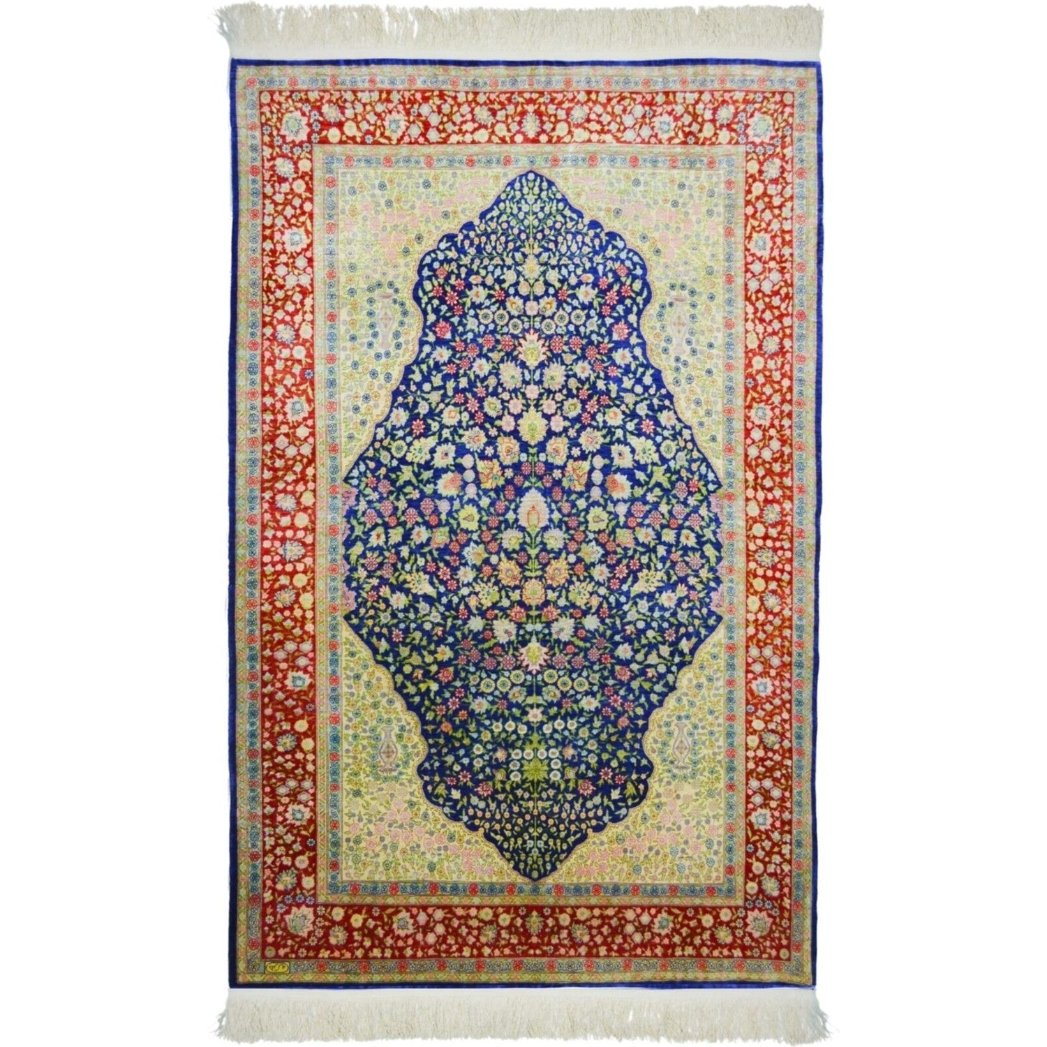 Kilim Co. Pure Silk Hand-Woven Cesmi Bulbul Pattern Hereke Rug 108X164 cm - MALLTURK