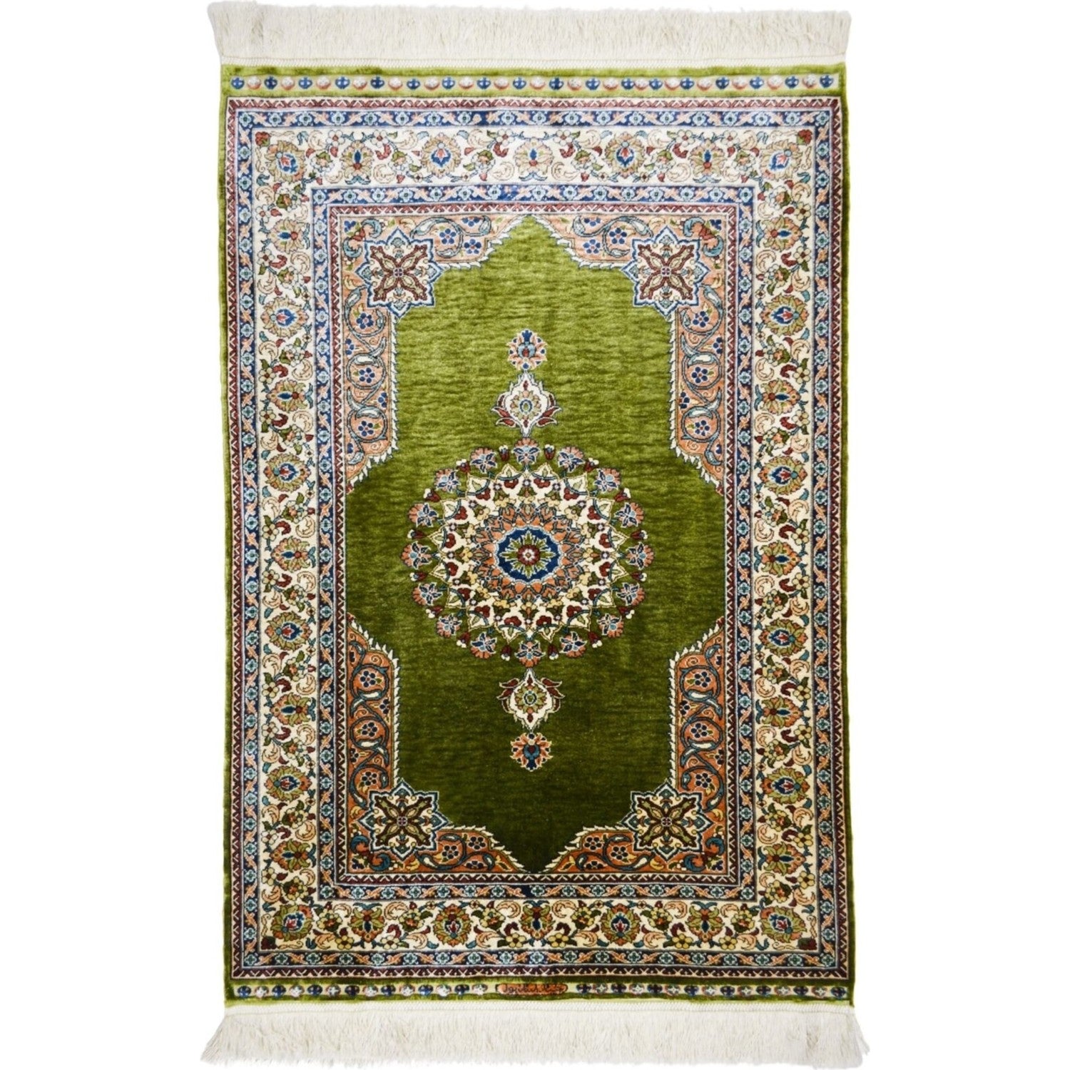 Kilim Co. Pure Silk Hand-Woven Yesil Renk Central Medallion Pattern Hereke Rug 76X110 cm - MALLTURK