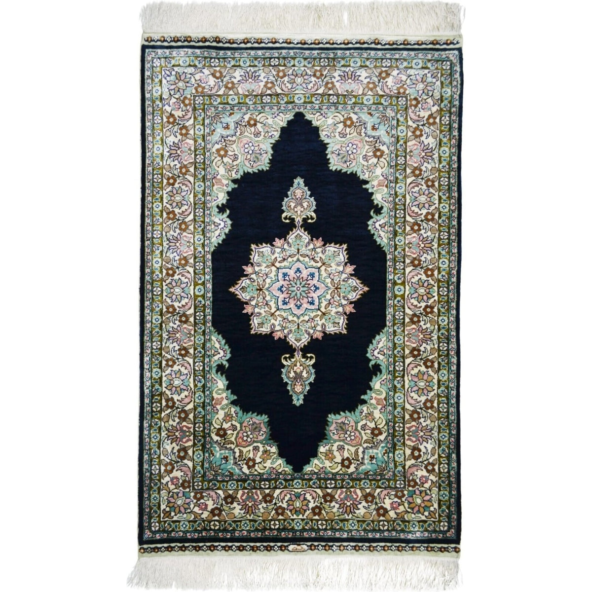 Kilim Co. Pure Silk Hand-Woven Black Medallion Pattern Kayseri Rug 68X104 cm - MALLTURK