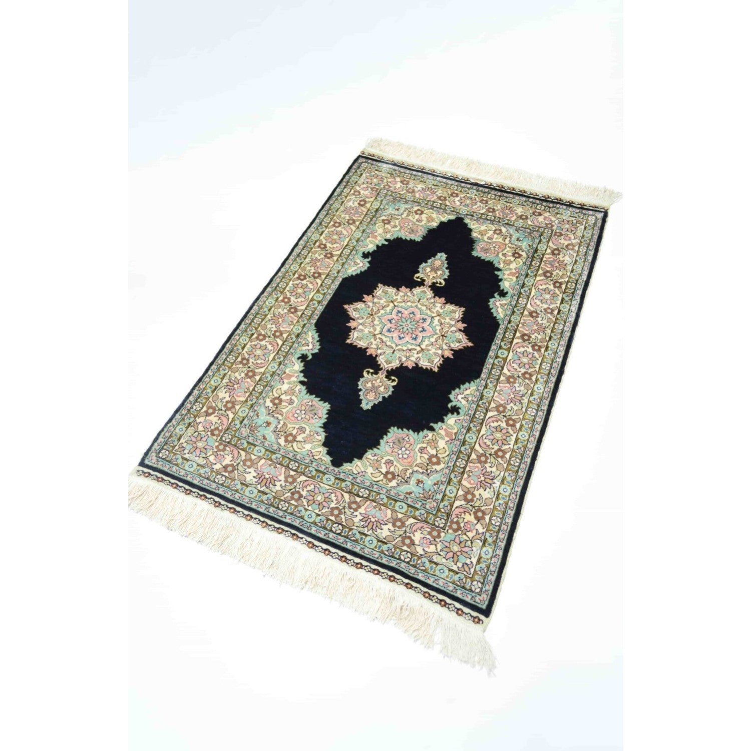 Kilim Co. Pure Silk Hand-Woven Black Medallion Pattern Kayseri Rug 68X104 cm - MALLTURK
