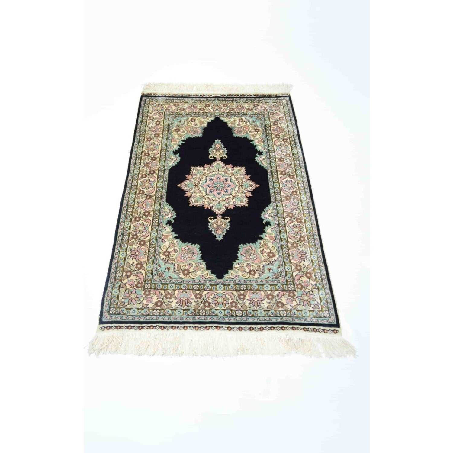 Kilim Co. Pure Silk Hand-Woven Black Medallion Pattern Kayseri Rug 68X104 cm - MALLTURK
