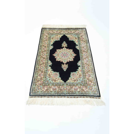 Kilim Co. Pure Silk Hand-Woven Black Medallion Pattern Kayseri Rug 68X104 cm - MALLTURK