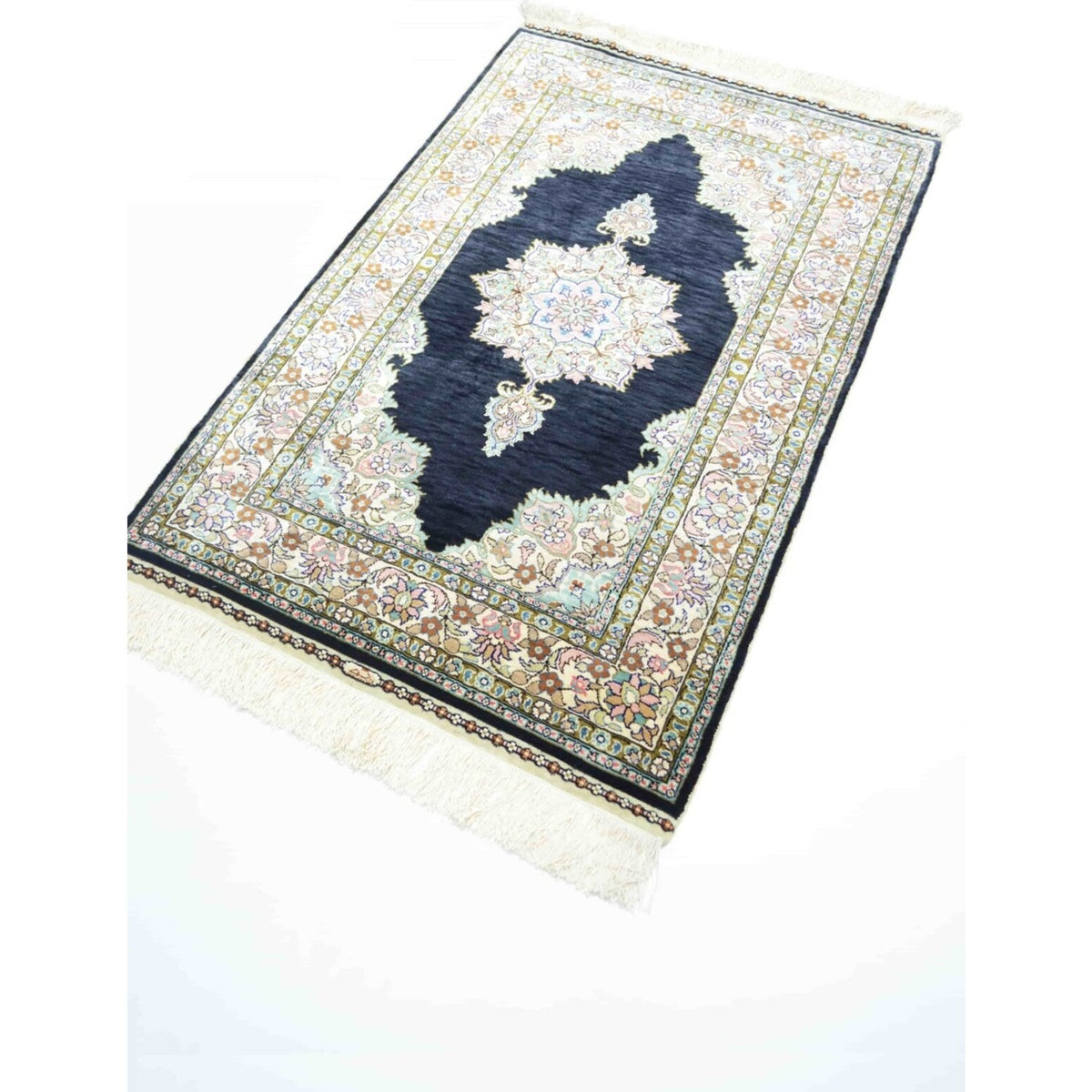 Kilim Co. Pure Silk Hand-Woven Black Medallion Pattern Kayseri Rug 68X104 cm - MALLTURK