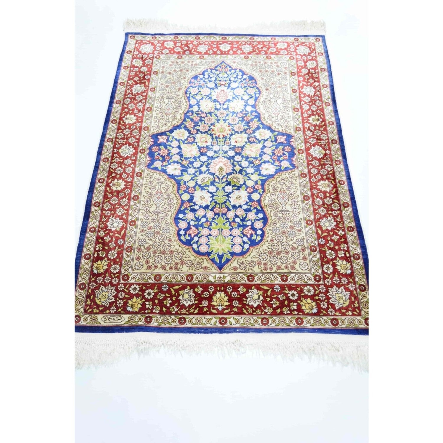Kilim Co. Pure Silk Hand-Woven Cesmi Bulbul Pattern Hereke Rug 85X124 cm - MALLTURK