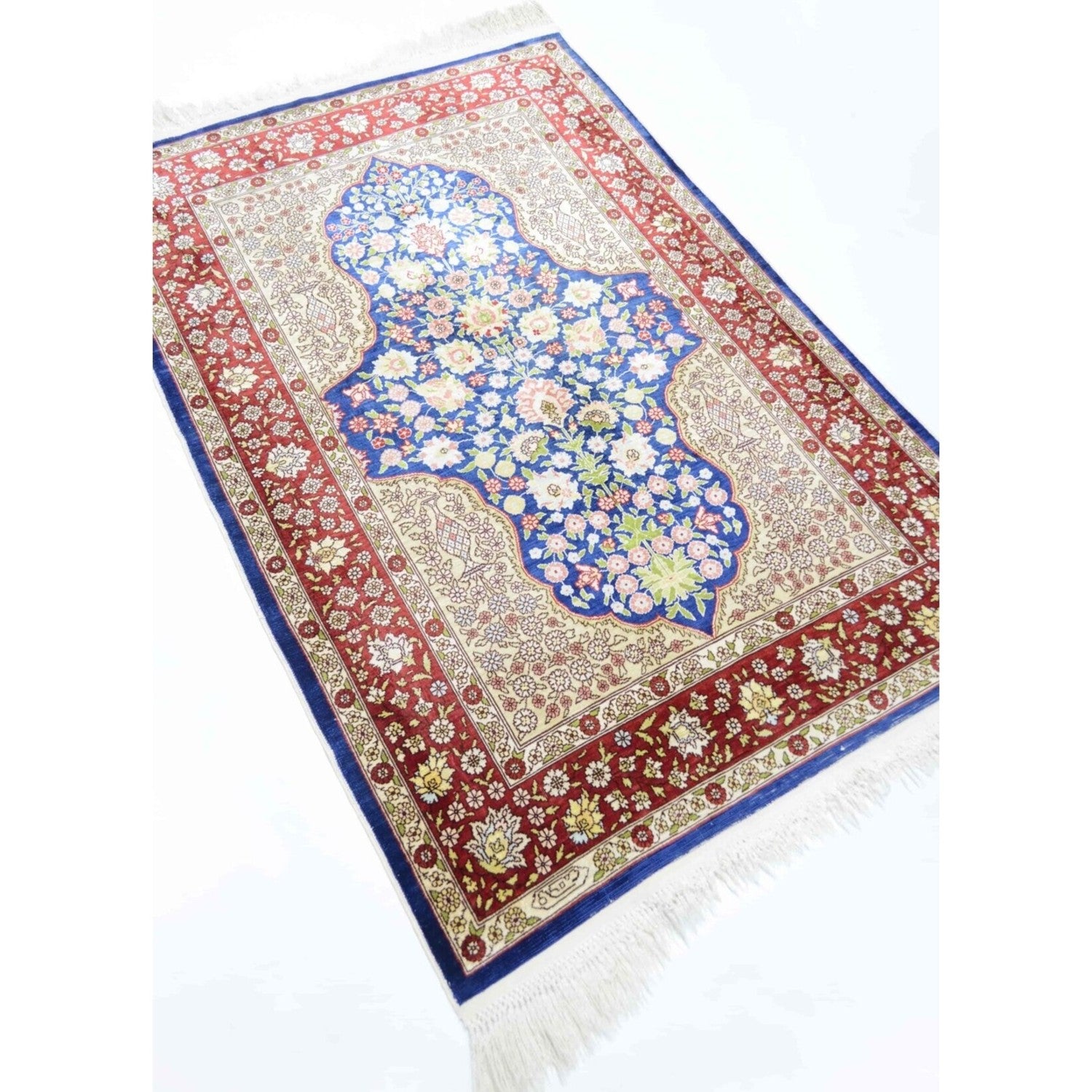 Kilim Co. Pure Silk Hand-Woven Cesmi Bulbul Pattern Hereke Rug 85X124 cm - MALLTURK