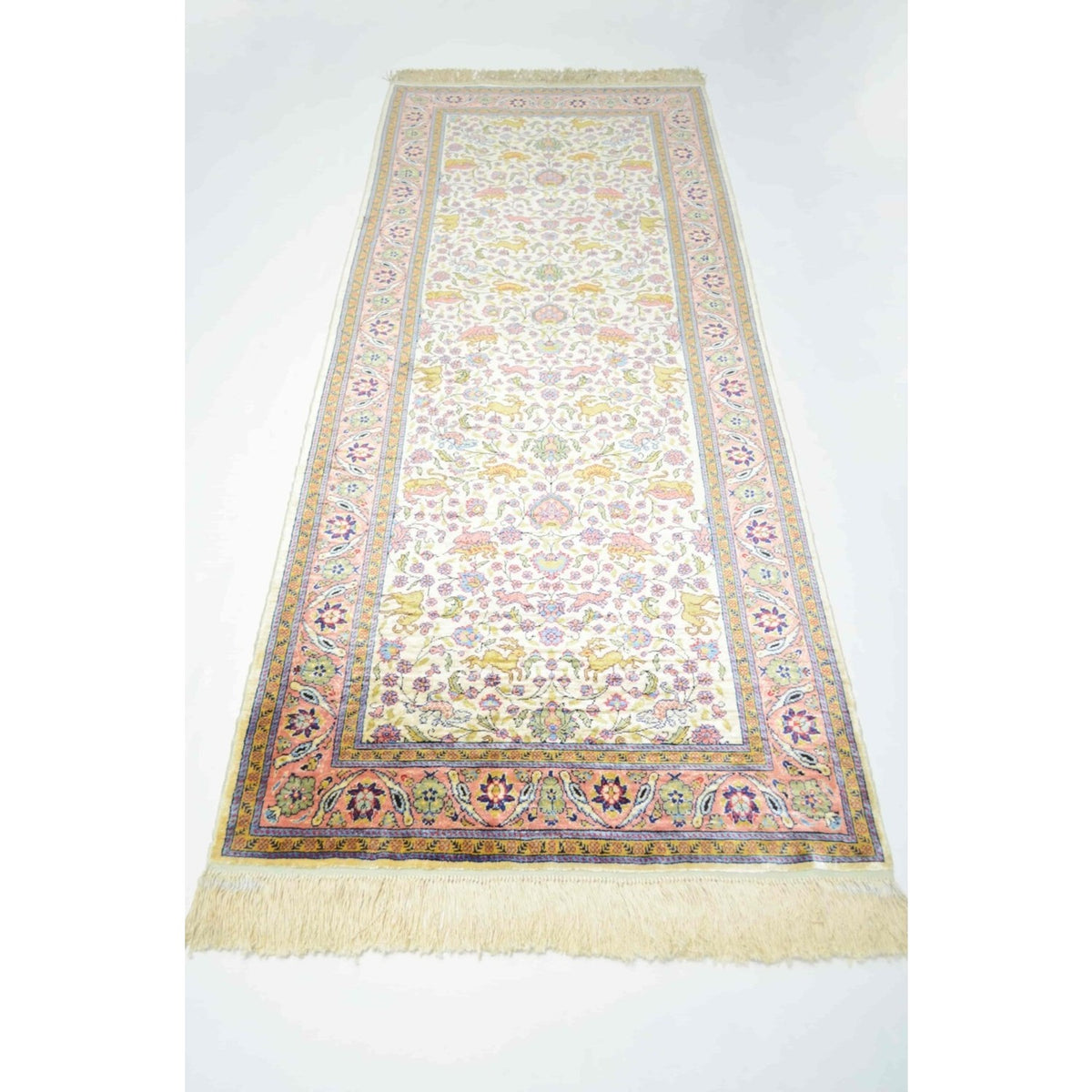 Kilim Co. Pure Silk Hand-Woven Krem and Pembe Renk Kayseri Rug Runner 82X200 cm - MALLTURK
