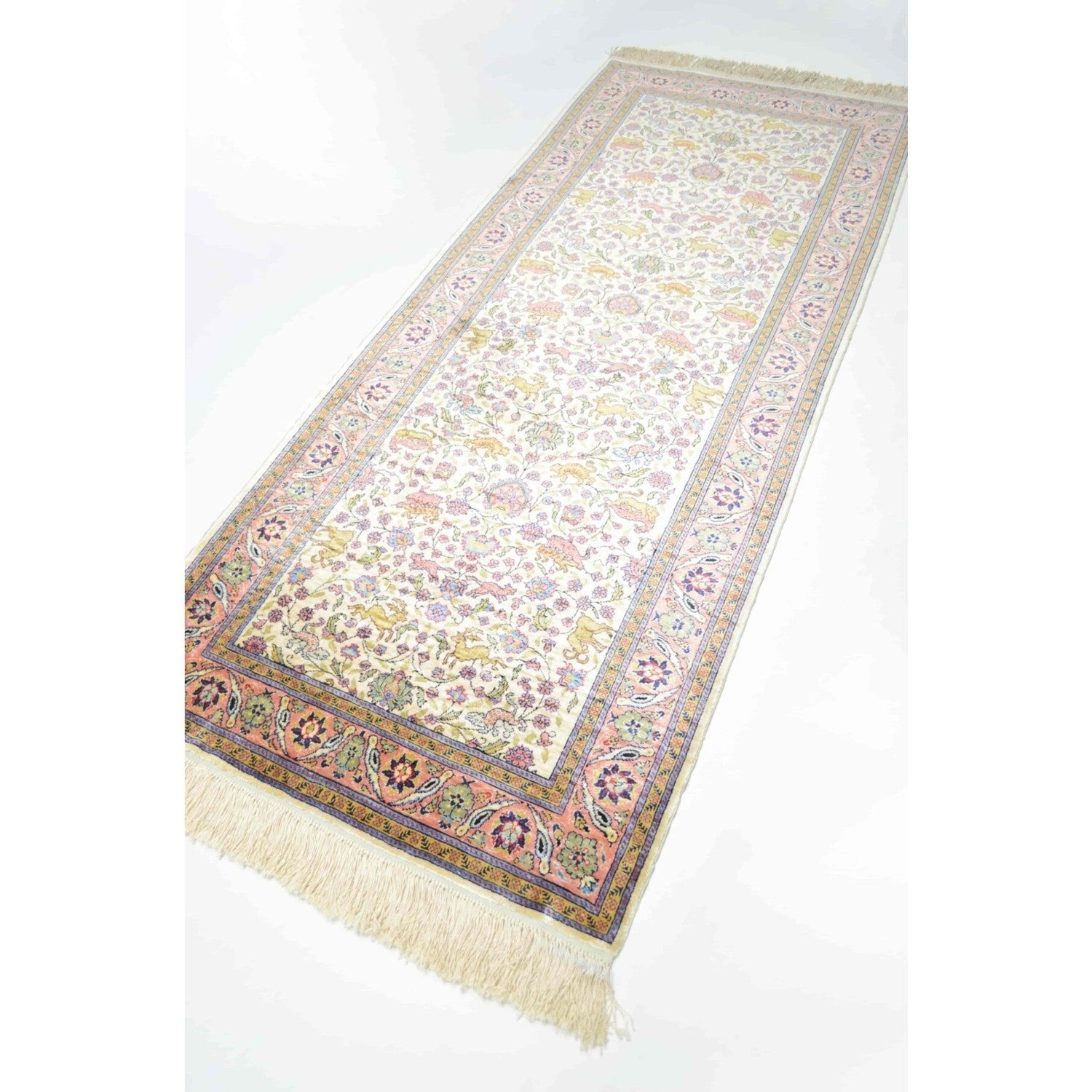 Kilim Co. Pure Silk Hand-Woven Krem and Pembe Renk Kayseri Rug Runner 82X200 cm - MALLTURK