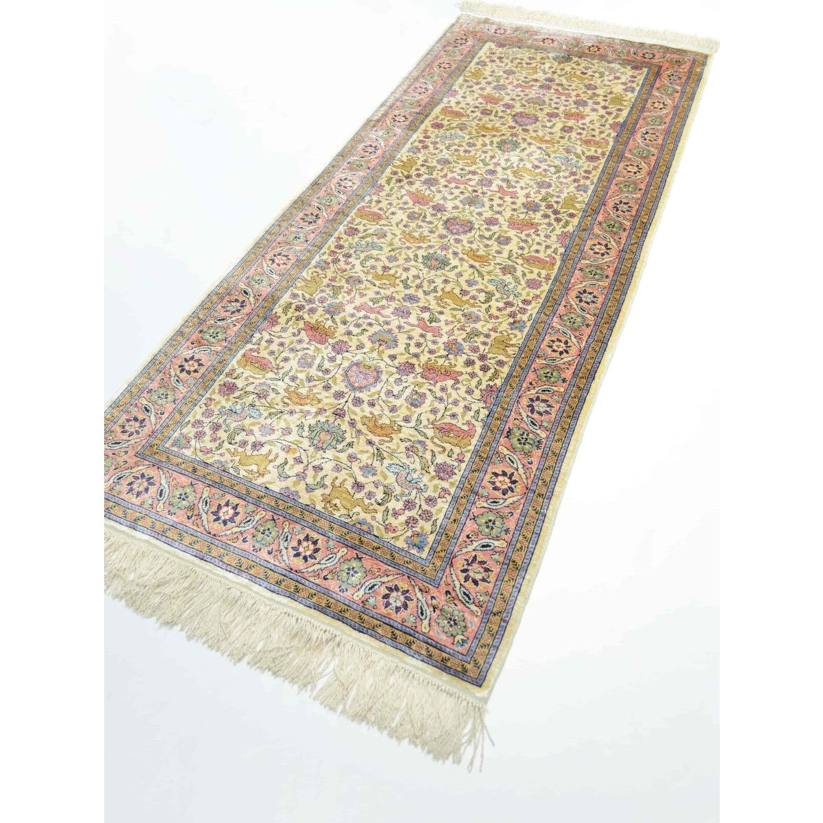 Kilim Co. Pure Silk Hand-Woven Krem and Pembe Renk Kayseri Rug Runner 82X200 cm - MALLTURK