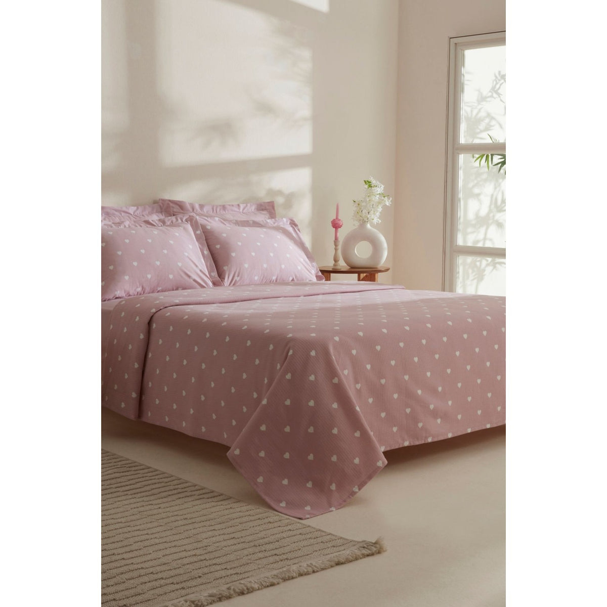 Karaca Home Amour Heart Pattern 100% Cotton Double Bed Quilt Set Pink - MALLTURK
