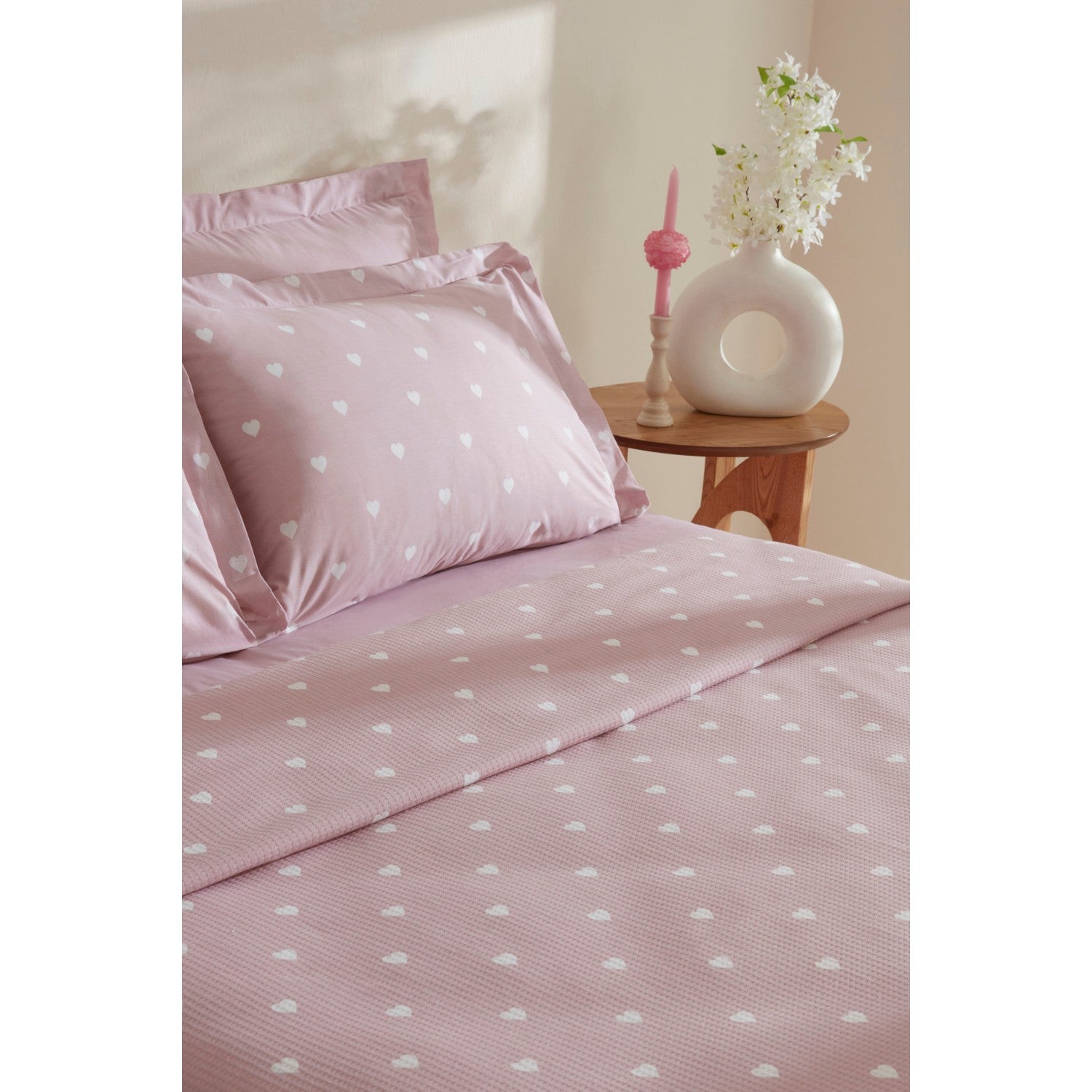 Karaca Home Amour Heart Pattern 100% Cotton Double Bed Quilt Set Pink - MALLTURK