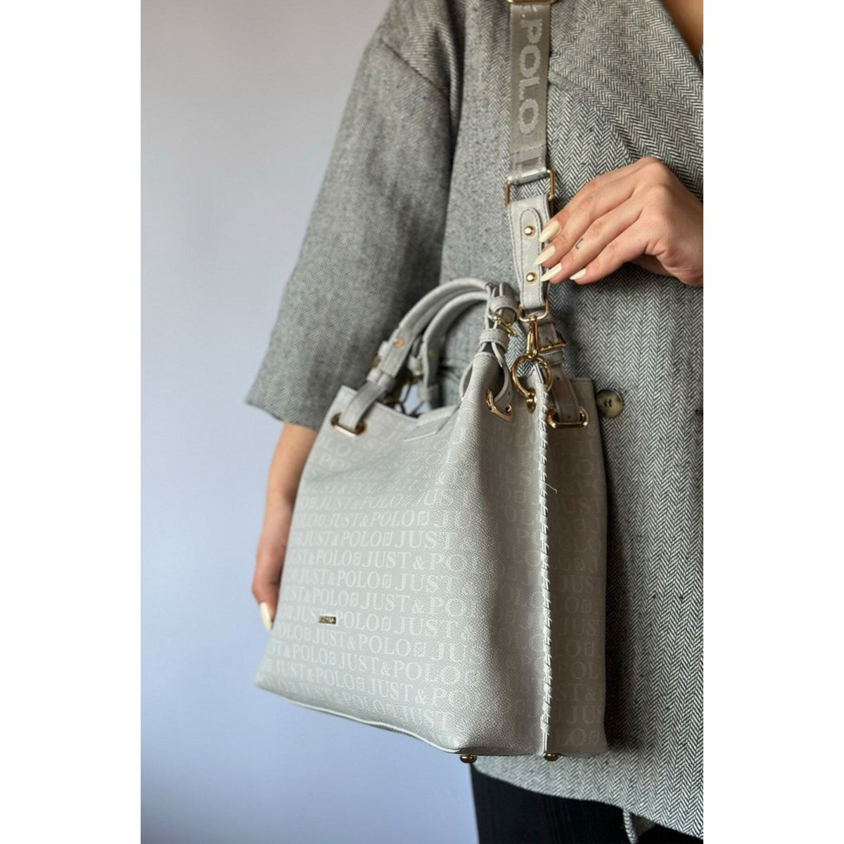 Just Polo Women's Just Polo Embossed Pattern Magnetic Snap Closure Handbag with Shoulder Strap Gray - MALLTURK
