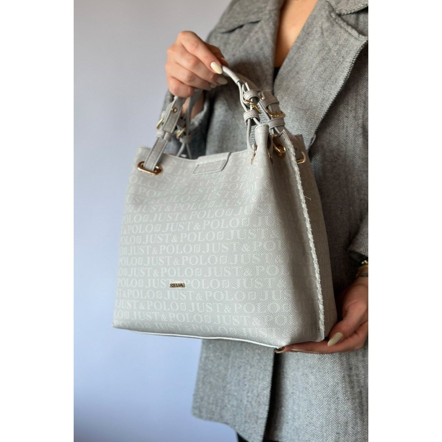 Just Polo Women's Just Polo Embossed Pattern Magnetic Snap Closure Handbag with Shoulder Strap Gray - MALLTURK