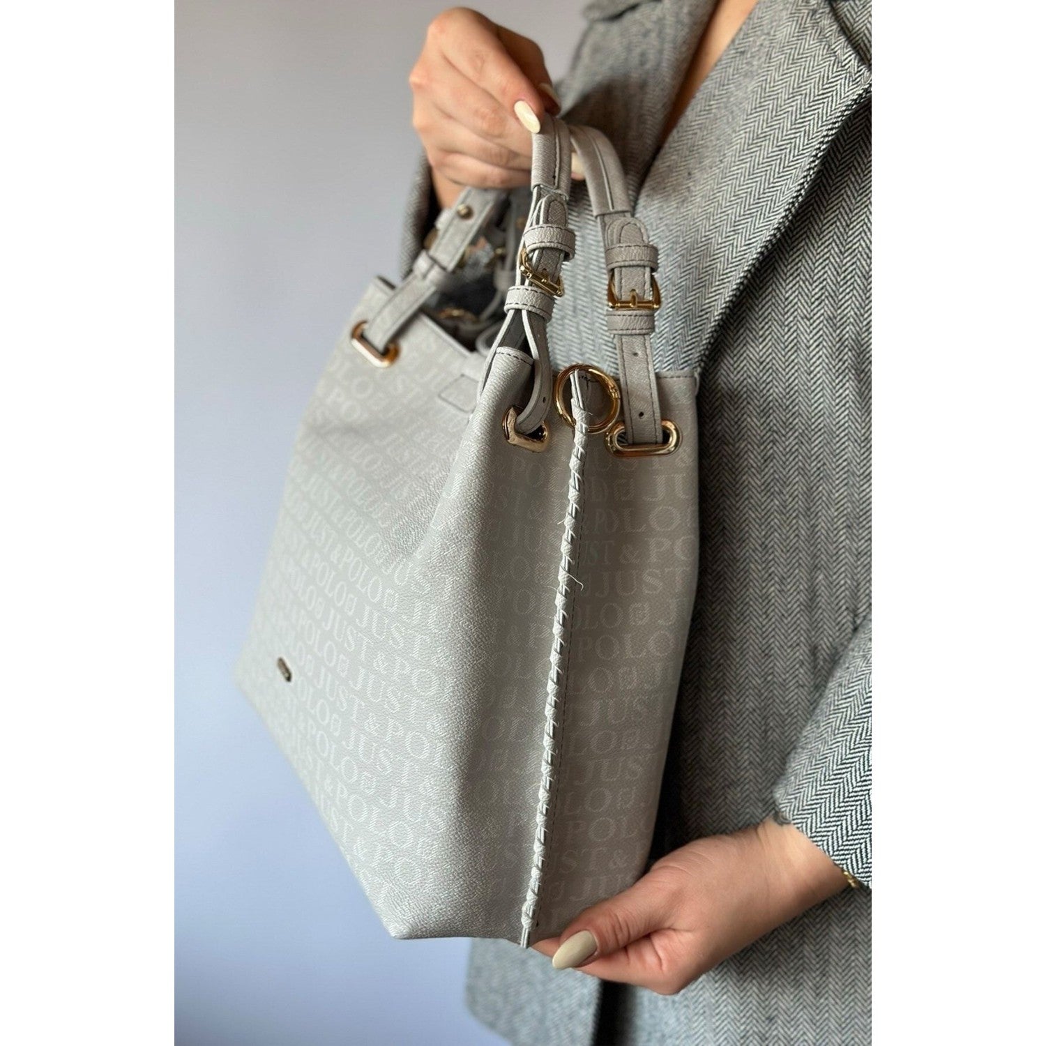 Just Polo Women's Just Polo Embossed Pattern Magnetic Snap Closure Handbag with Shoulder Strap Gray - MALLTURK