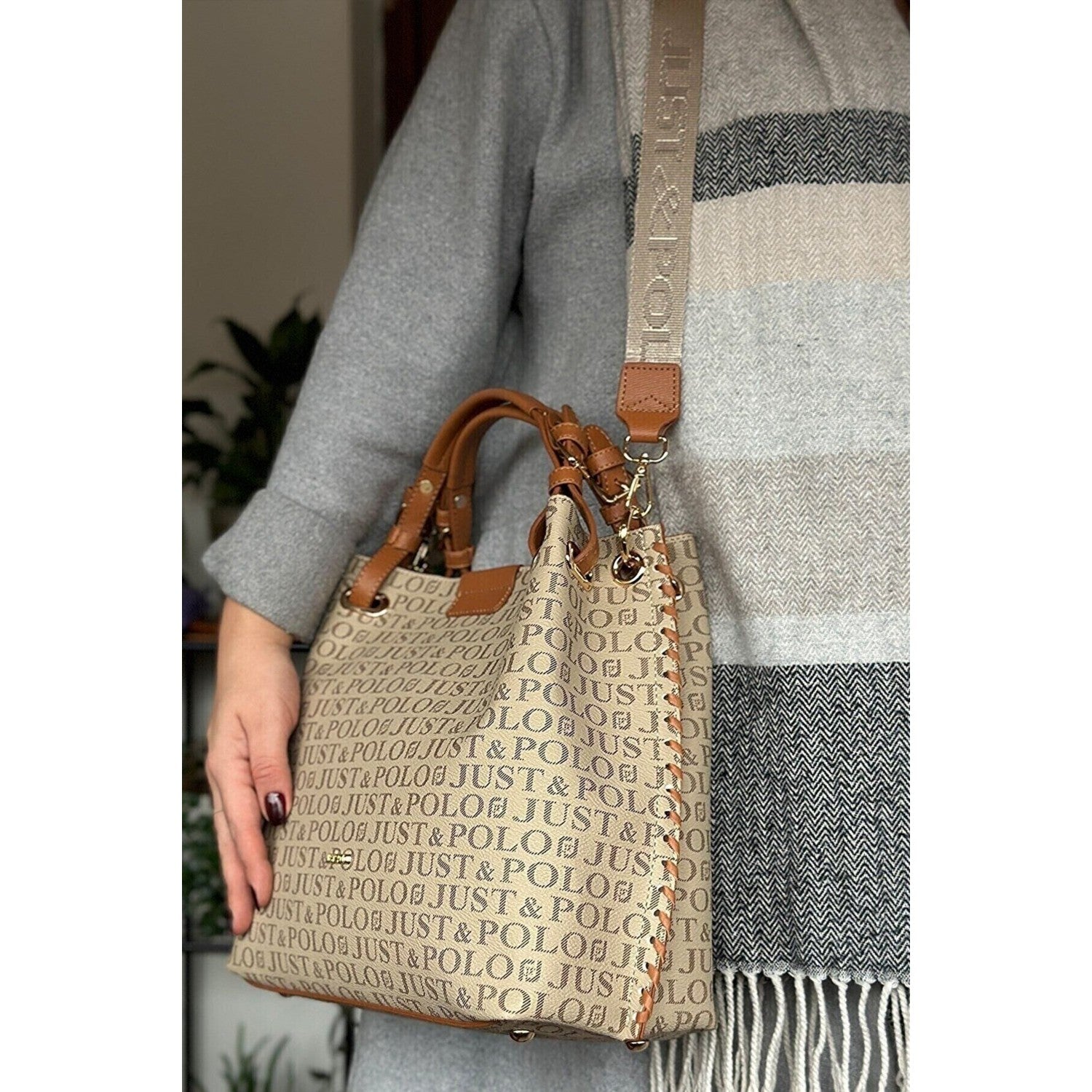Just Polo Women's Just Polo Embossed Pattern Magnetic Snap Closure Handbag with Shoulder Strap Sand - Tan - MALLTURK