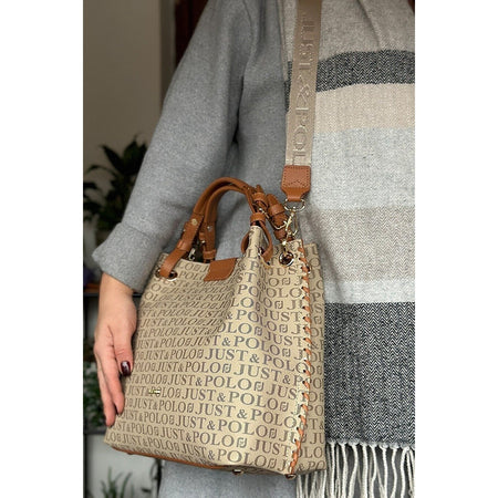 Just Polo Women's Just Polo Embossed Pattern Magnetic Snap Closure Handbag with Shoulder Strap Sand - Tan - MALLTURK