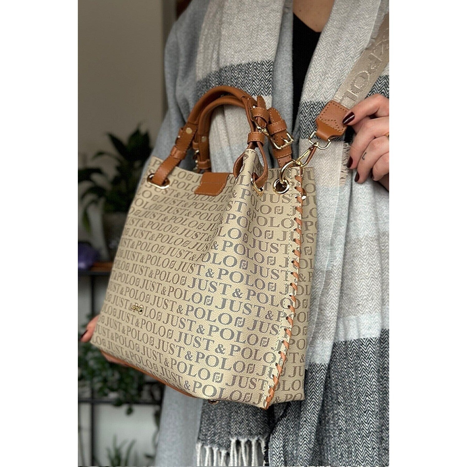 Just Polo Women's Just Polo Embossed Pattern Magnetic Snap Closure Handbag with Shoulder Strap Sand - Tan - MALLTURK