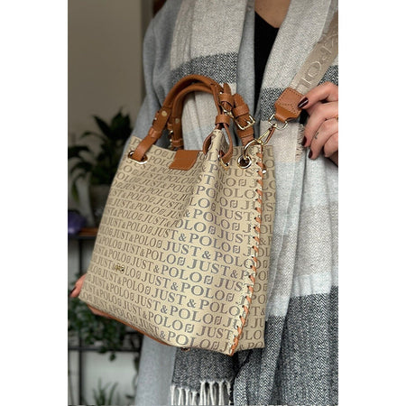 Just Polo Women's Just Polo Embossed Pattern Magnetic Snap Closure Handbag with Shoulder Strap Sand - Tan - MALLTURK