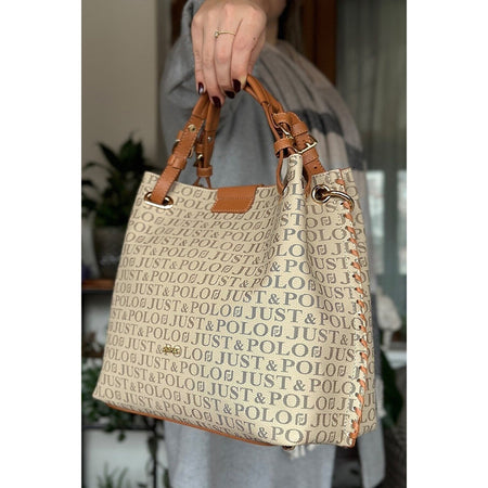 Just Polo Women's Just Polo Embossed Pattern Magnetic Snap Closure Handbag with Shoulder Strap Sand - Tan - MALLTURK