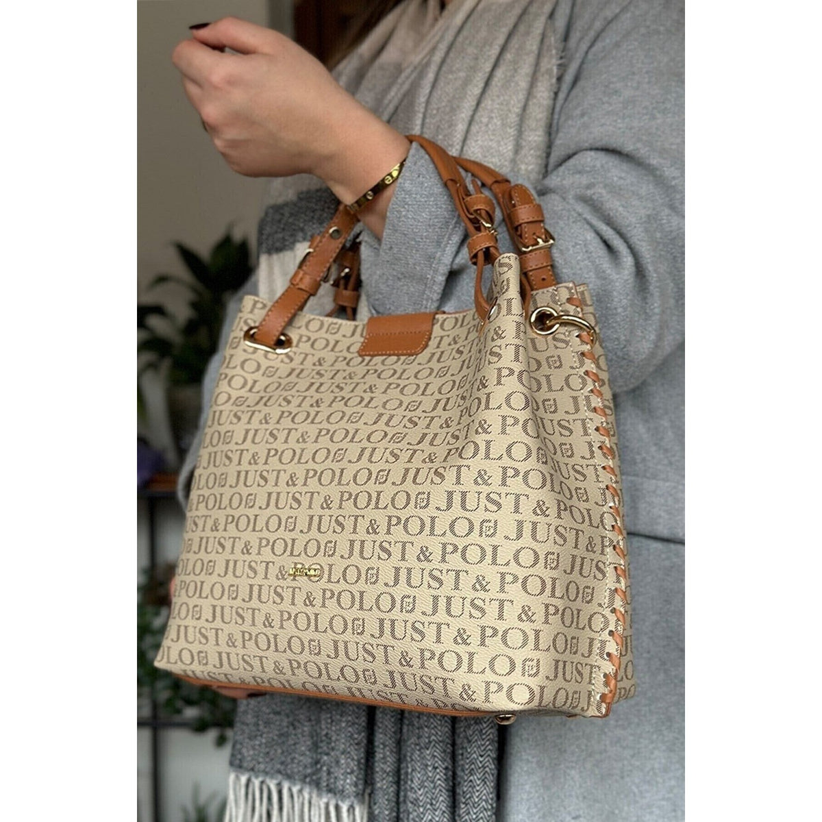 Just Polo Women's Just Polo Embossed Pattern Magnetic Snap Closure Handbag with Shoulder Strap Sand - Tan - MALLTURK