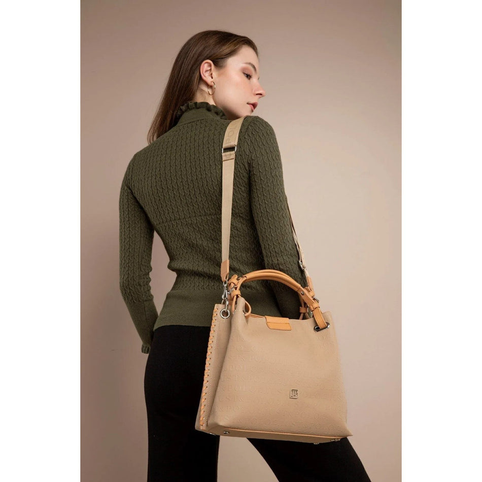 Just Polo Women's Just Polo Embossed Pattern Magnetic Snap Closure Handbag with Shoulder Strap Mink - MALLTURK
