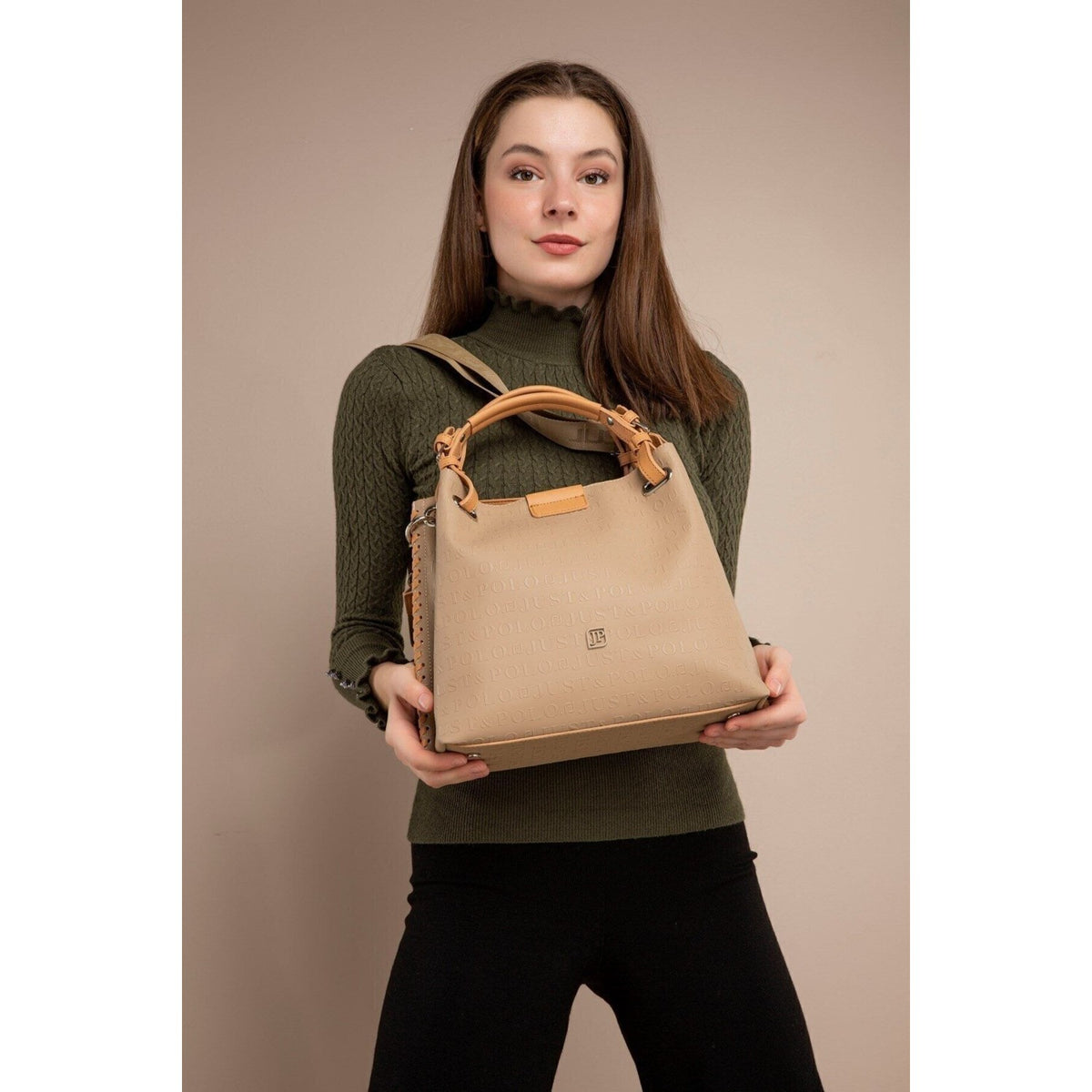 Just Polo Women's Just Polo Embossed Pattern Magnetic Snap Closure Handbag with Shoulder Strap Mink - MALLTURK