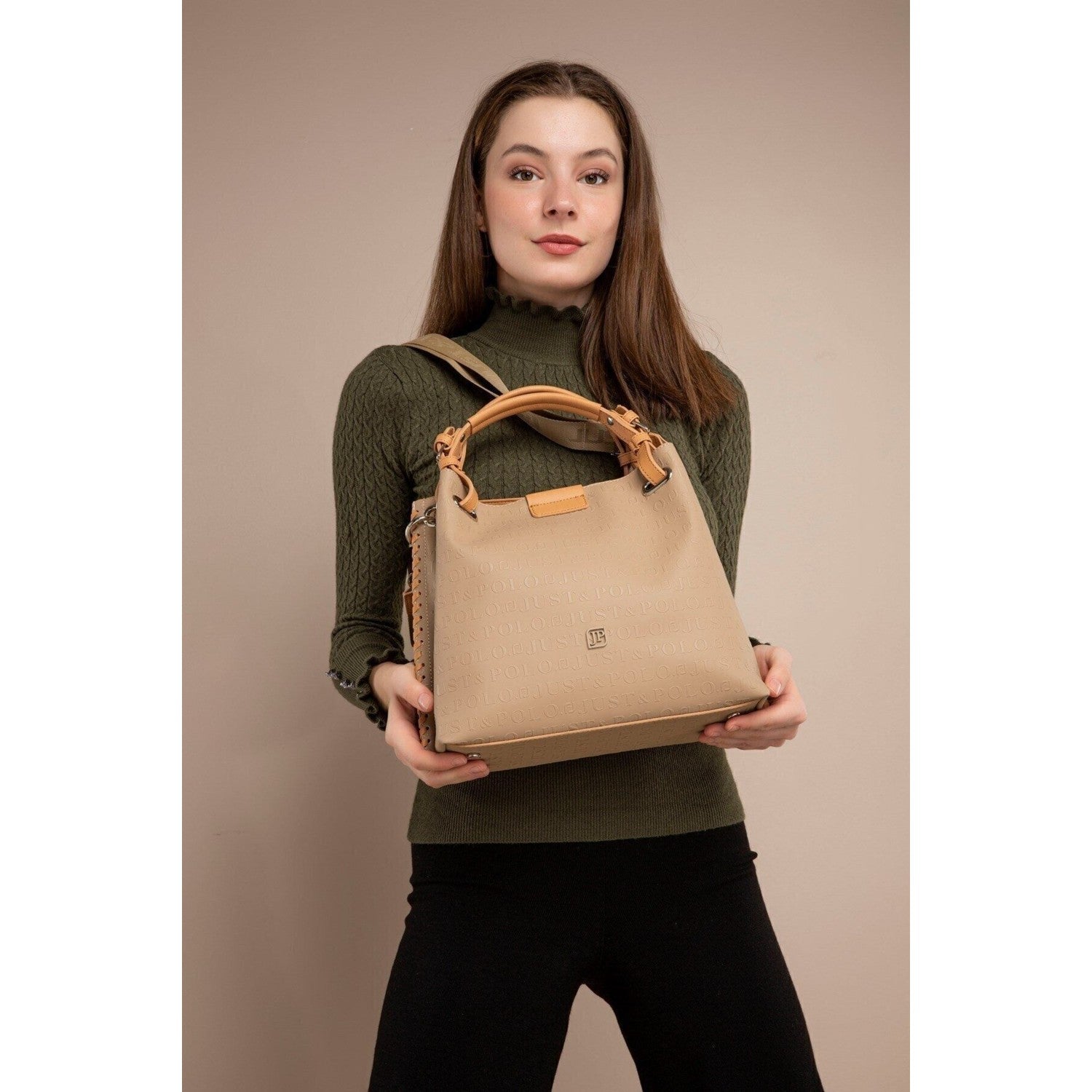 Just Polo Women's Just Polo Embossed Pattern Magnetic Snap Closure Handbag with Shoulder Strap Mink - MALLTURK