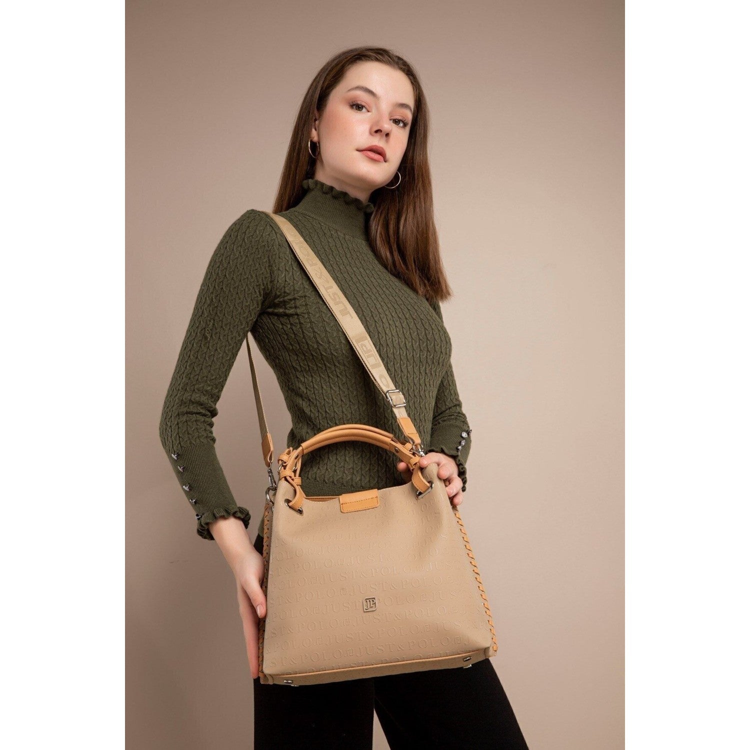 Just Polo Women's Just Polo Embossed Pattern Magnetic Snap Closure Handbag with Shoulder Strap Mink - MALLTURK