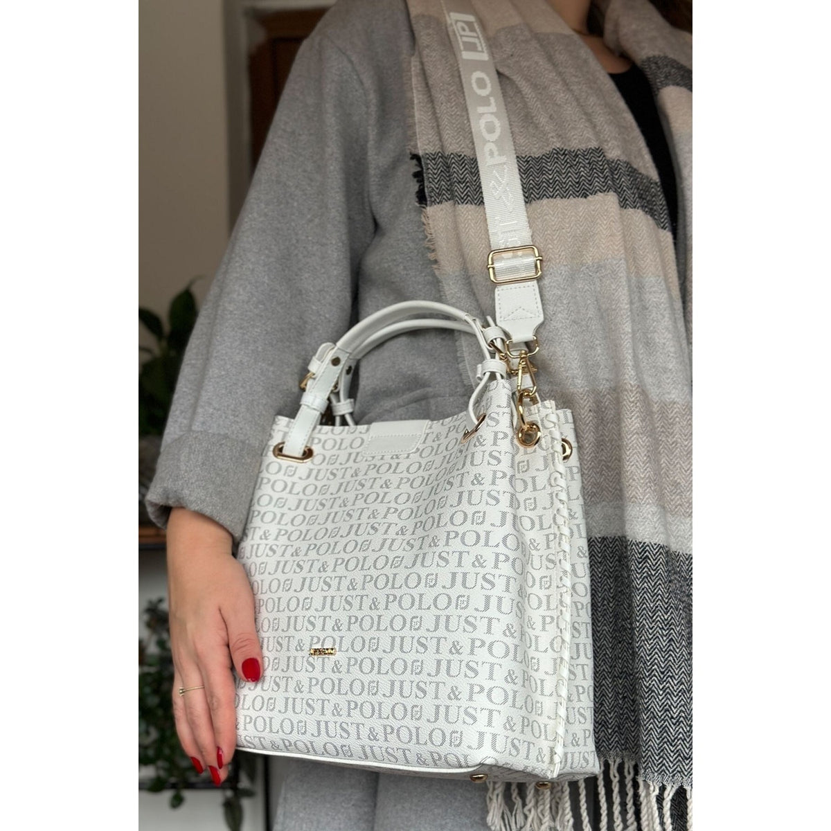 Just Polo Women's Just Polo Embossed Pattern Magnetic Snap Closure Handbag with Shoulder Strap White - Gold - MALLTURK