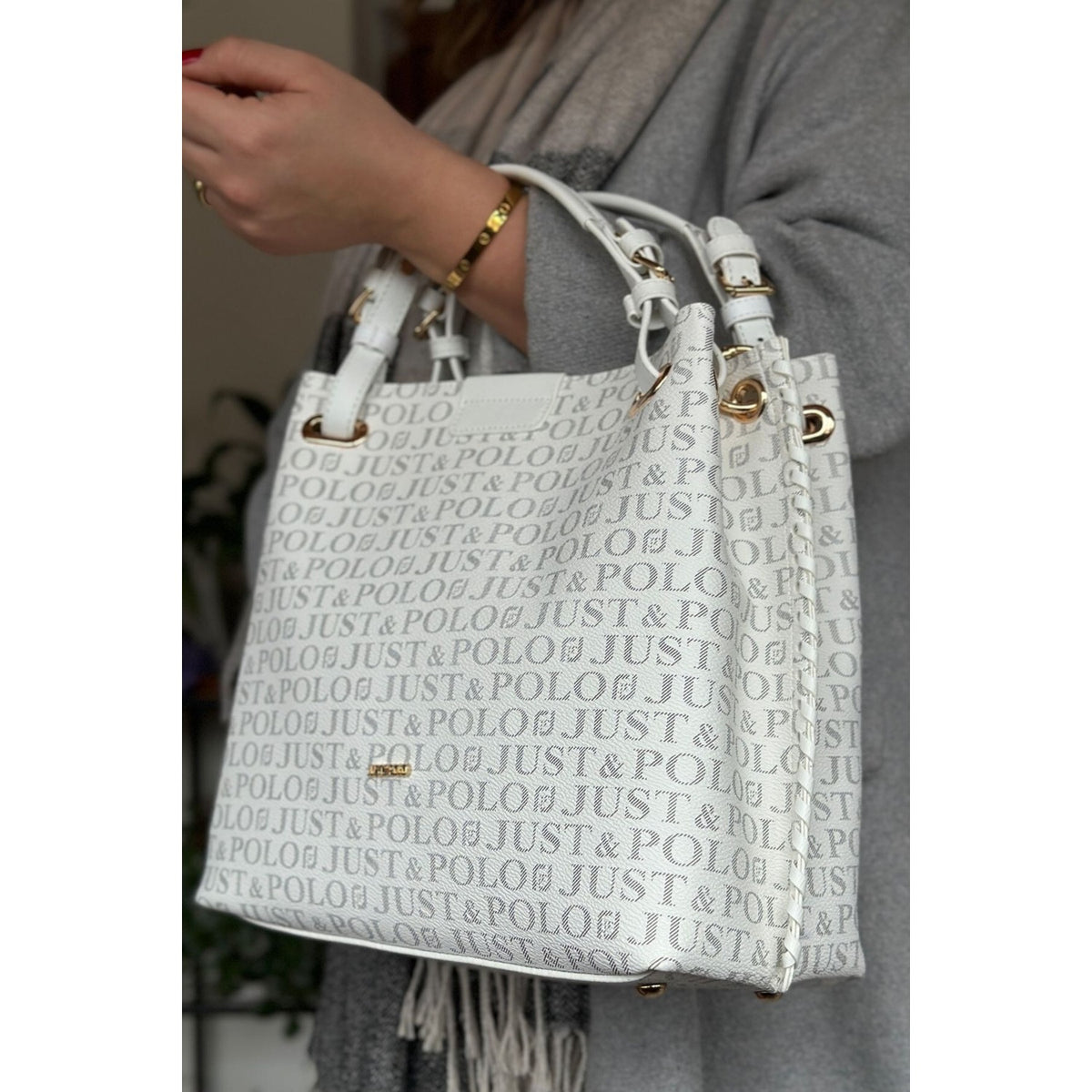 Just Polo Women's Just Polo Embossed Pattern Magnetic Snap Closure Handbag with Shoulder Strap White - Gold - MALLTURK