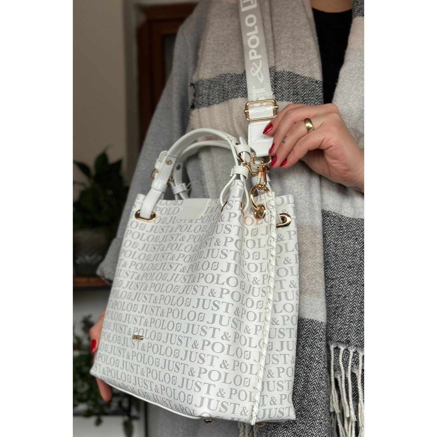 Just Polo Women's Just Polo Embossed Pattern Magnetic Snap Closure Handbag with Shoulder Strap White - Gold - MALLTURK